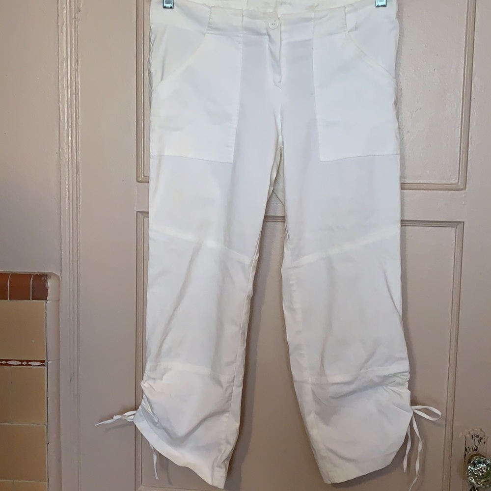 Y2K JEANETTE White Cropped Capri Pants Side leg tie strings SZ MED